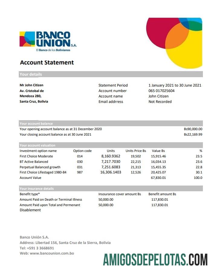 Extrato bancário do Banco Union da Bolívia para download, modelo fácil de preencher em formato Excel e PDF (AutoSum)